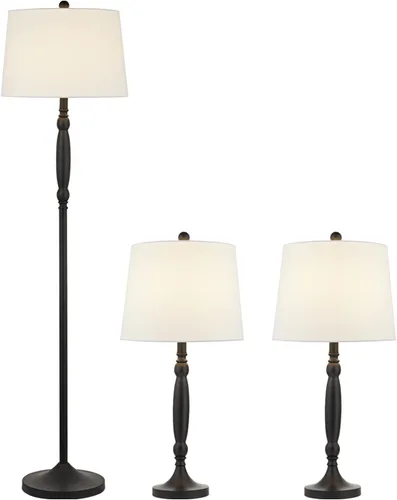 Vista 2 de Maxax Juego de 3 lámparas de mesa y lámpara de pie, lámparas tradicionales con pantalla de tela de lino blanco para sala de estar, dormitorio, sala