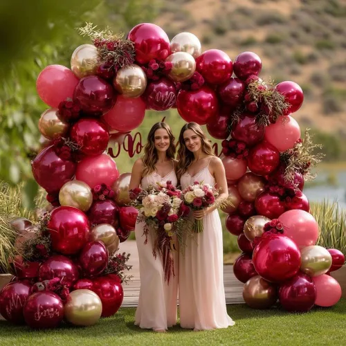 Vista 5 de Arco de globos color burdeos rosa con doble relleno, globos dorados granate, rojo oscuro, rosa, dorado, kit de guirnalda de globos para cumpleaños