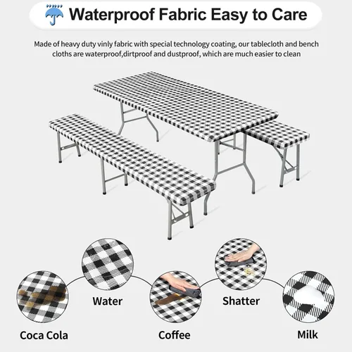 Vista 4 de OutdoorLines Mantel de vinilo ajustable para mesa de picnic con fundas de banco, mantel elástico impermeable para mesa de picnic