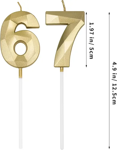 Vista 2 de Velas de cumpleaños de 67 y 76 para tartas, número dorado 67 76 3D con forma de diamante, decoración de cumpleaños, suministros de fiesta