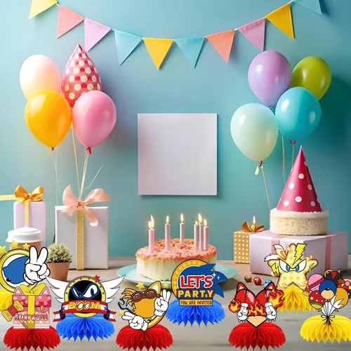 Vista 5 de Juego de 8 piezas de suministros de fiesta de erizo azul, centros de mesa de panal de abeja, decoración de mesa de doble cara para decoraciones