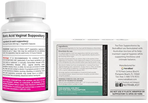 Vista 2 de NutraBlast Supositorios vaginales de ácido bórico de 600 mg (30 unidades) con supositorios de aceite de árbol de té (12 unidades) Desodorante
