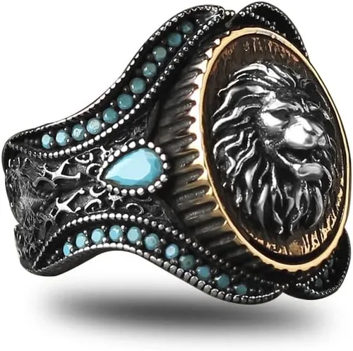 925 Sterling Silver Lion Head Men Silver Ring, Turquoise Stone Lion Men's Ring, Handmade Engraved Men's Silver Ring, Turkish Silver Ring