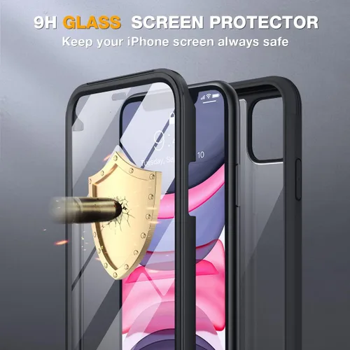 Vista 7 de Miracase Glass Series - Funda para iPhone 11 de 6.1 pulgadas, funda resistente de cuerpo completo mejorado con protector de pantalla de vidrio Negro