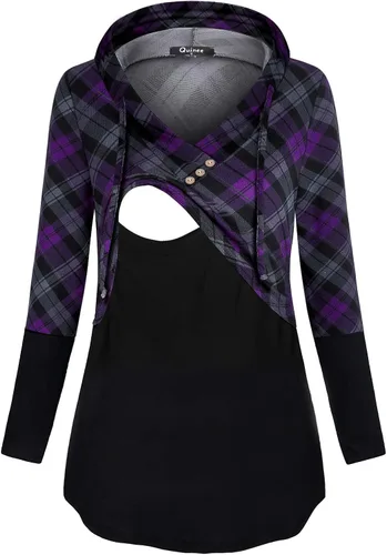 QUINEE sudadera con capucha para mujer de manga larga a cuadros, bloque de color