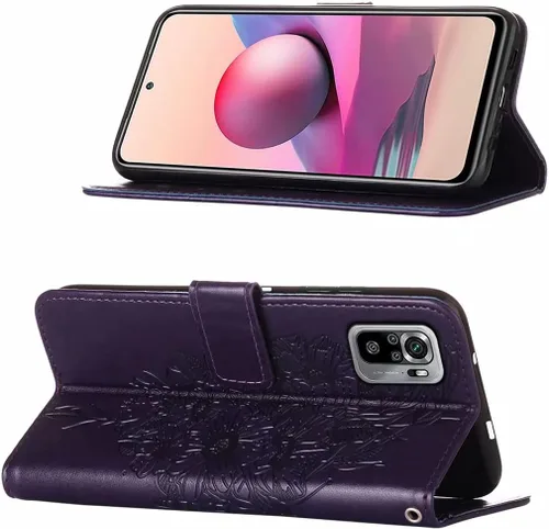 Vista 3 de ZXL Compatible con Xiaomi Redmi Note 10S Funda tipo cartera con tarjetero de mariposa en relieve de cuero con tapa protectora de cuero PU