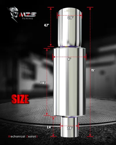 Vista 3 de MZS Silenciador de escape, punta de escape recta de acero inoxidable de 15" de longitud, entrada de 2", salida de 3", universal para coche sedán