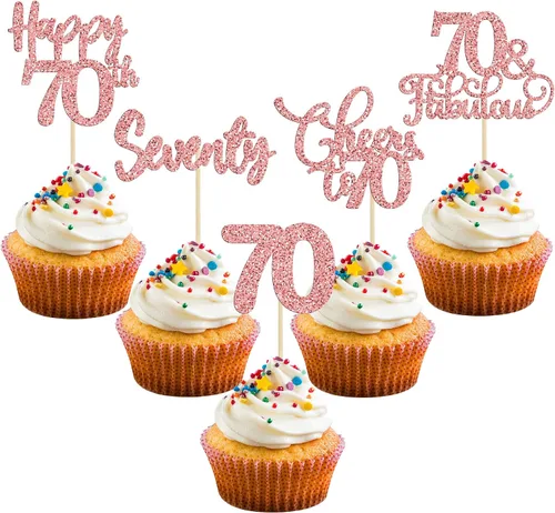 Paquete de 30 adornos para cupcakes de 70 cumpleaños feliz en color oro rosa con purpurina, setenta felicitaciones por 70 años de edad, adornos para