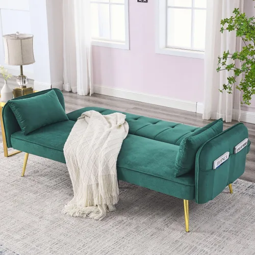 Vista 9 de HMFULE Sofá cama convertible con patas de madera maciza, tela de lino, moderno sofá futón tapizado ajustable para espacio de vida compacto, azul