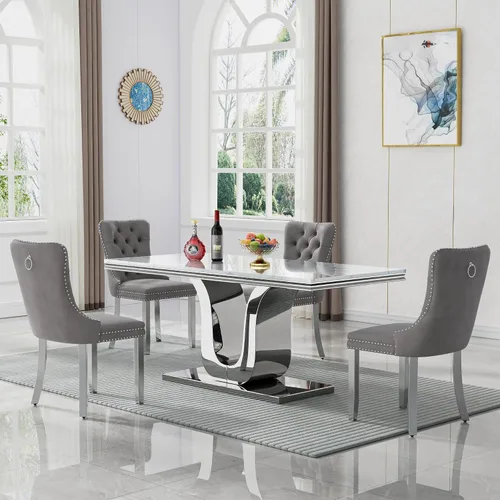 Vista 24 de SSLine Mesa de comedor moderna para mesa de cocina de mármol sintético de 6,70 pulgadas, mesa de comedor rectangular para muebles de cocina