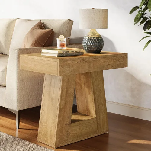 Vista 4 de Tribesigns Mesa auxiliar moderna de 24 pulgadas, mesa auxiliar de madera estrecha de 2 niveles con base trapezoidal, mesita de noche pequeña