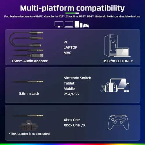Vista 6 de FC100 Auriculares para juegos con micrófono para PS4PS5PCNintendo Switch, Xbox One Headset con luz RGB, auriculares para computadora gamer