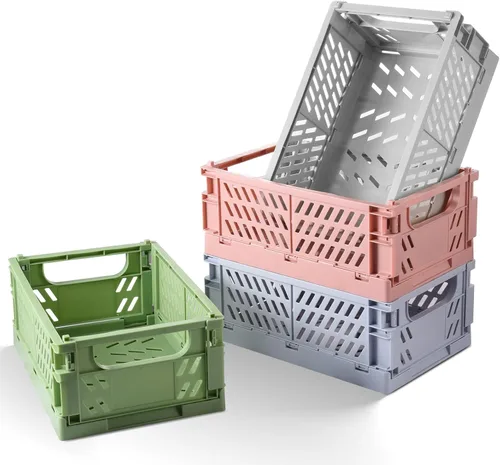 Vista 14 de HUUSMOT Paquete de 2 pequeñas cestas de almacenamiento de plástico pastel, cajas plegables para organizar, mini contenedores que ahorran espacio