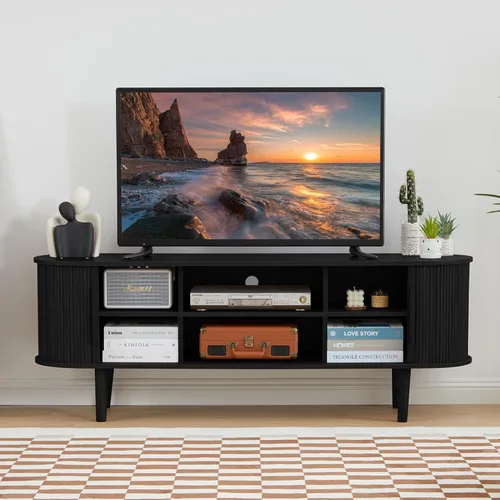 Vista 6 de Soporte de TV, mesa consola multimedia con puerta corredera y compartimento de almacenamiento, centro de entretenimiento moderno con almacenamiento