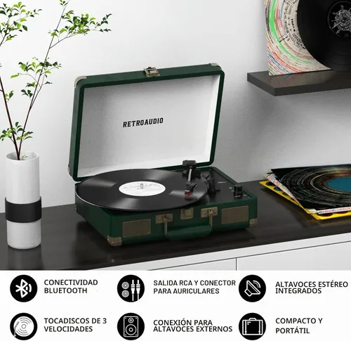 Vista 5 de Reproductor de discos de vinilo portátil tipo maleta de 3 velocidades con Bluetooth con transmisión por correa con 2 altavoces estéreo incorporados