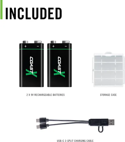 Vista 8 de Coast ZX - Baterías recargables USB-C de 9 V, ZITHION-X, iones de litio de 1.5 V 560 mAh, larga duración, se carga menos de 3 horas, cable de carga