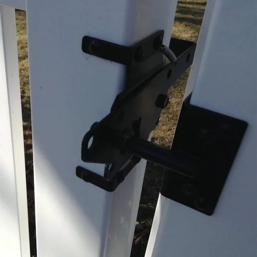 Vista 7 de Pestillo de puerta autobloqueante, montaje en poste resistente, palanca de gravedad automática, cerradura de puerta de valla de madera/PVC