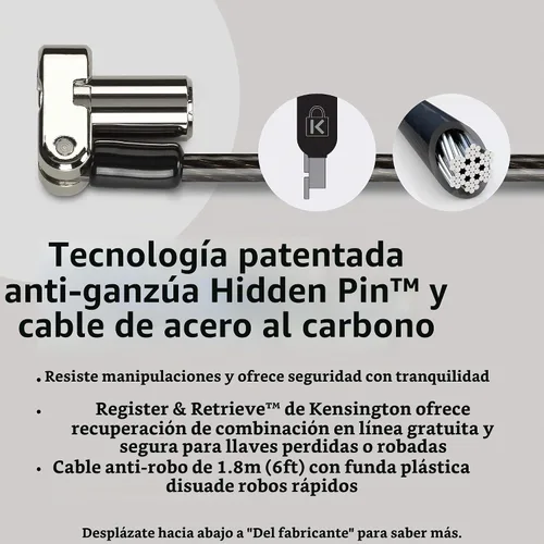 Vista 3 de Kensington Cable de bloqueo universal 3 en 1 para laptop, cerradura con llave de seguridad informática, barra en T, nano, en forma de cuña (K62318WW)