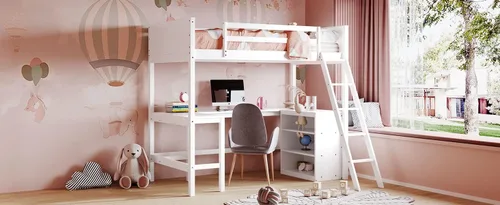 Vista 56 de Cama tipo loft de tamaño individual con estantes y escritorio, marco de cama de madera con escalera inclinada y barandilla de seguridad, adecuada