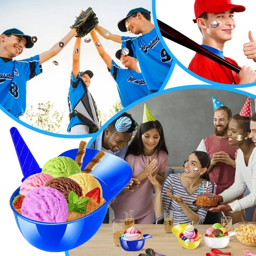 Vista 7 de MEEZY Juego de 16 cuencos de helado con diseño de casco de béisbol con 8 mini tazas de postre y 8 cucharas, 8 onzas. Cuencos reutilizables