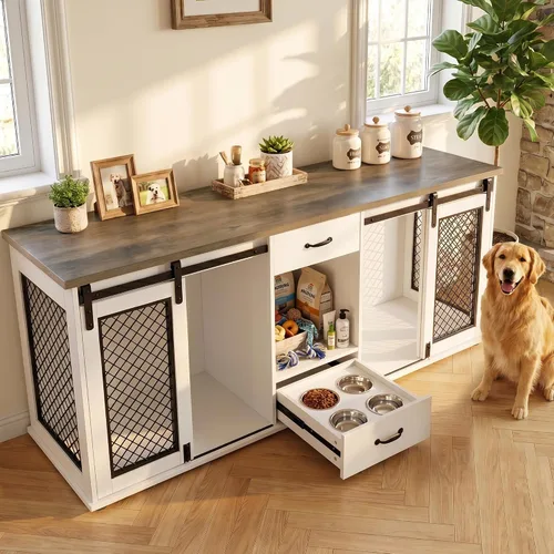Vista 13 de LINLUX Muebles de jaula para perros XL de 47 pulgadas, perrera de madera resistente para interiores, mesa decorativa para perros extra grandes