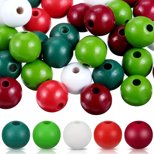 Jetec 160 cuentas de madera coloridas de Navidad para manualidades de 0.632 pulgadas (0.630 in), rústicas, naturales, redondas, de madera pulida,