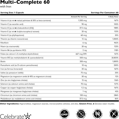 Vista 3 de Celebrate Vitamins Multi-Complete, 60mg Hierro – Multivitamínico bariátrico diario para pacientes con gastrectomía de manga y cirugía de bypass