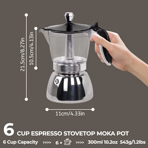 Vista 2 de Olla de plástico transparente para 6 tazas, 10.1 fl oz, cafetera de acero inoxidable sin recubrimiento, cafetera espresso italiana, estilo clásico