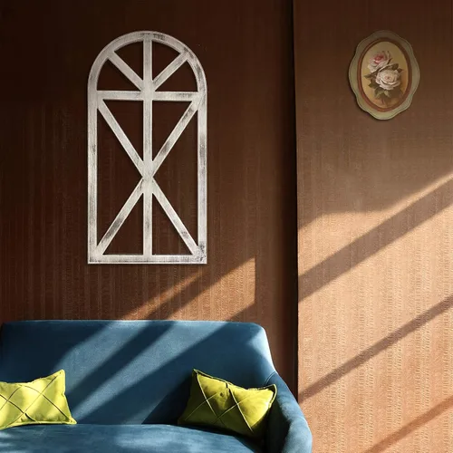 Vista 6 de Mingting Marco de ventana de madera rústica de diseño antiguo para decoración de pared, marco de ventana de arco de 31 x 16 x 1.2 pulgadas