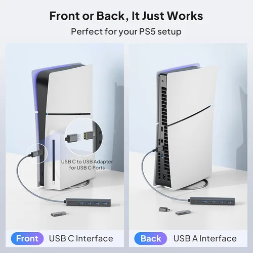 Vista 5 de Elebase USB Hub for PS5 Pro/Slim,4 Port USB 3.0 Multiple Splitter 1 in 4 Out with 0.7FT Long Cable,5Gbps High-Speed Extender Hub with OTG & USB