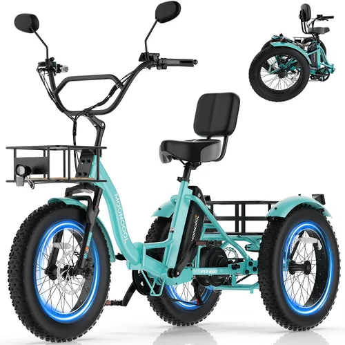 MOONCOOL Triciclo eléctrico para adultos, 20 "Fat Tire 7 Speed Folding Azul Turquesa