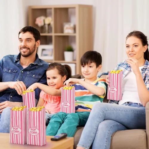 Vista 6 de Sherr 1000 bolsas de palomitas de maíz de 2 onzas a granel, rayas retro rosadas, bolsas de palomitas desechables para noches de cine, Navidad