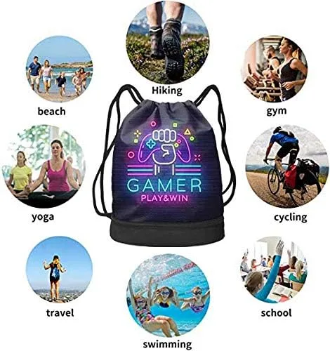 Vista 6 de D-WOLVES Drawstring Backpack Bag Gym Sports String Sackpack Beach Daypack for Men & Women