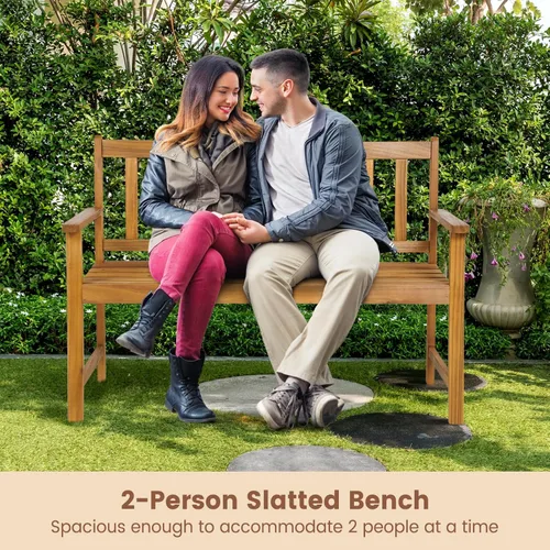 Vista 6 de HAPPYGRILL Banco de madera para patio con respaldo ergonómico y reposabrazos, banco al aire libre para 2 personas, marco de madera de acacia