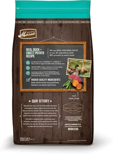 Vista 2 de Merrick - Alimento seco para perros, receta de pato real y batata libre de granos, 22 libras, en bolsa