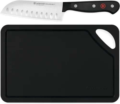 Vista 7 de WÜSTHOF Cuchillo Santoku Gourmet de 5 Pulgadas con Filo Hueco, Negro