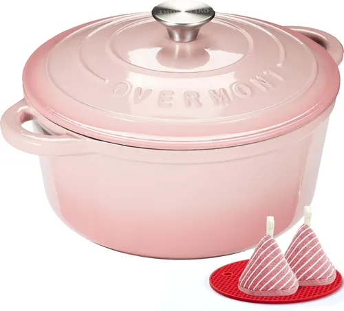 Vista 14 de Overmont Horno holandés de hierro fundido esmaltado de 5.5 cuartos de galón con tapa y libro de cocina, cacerola resistente con asas dobles