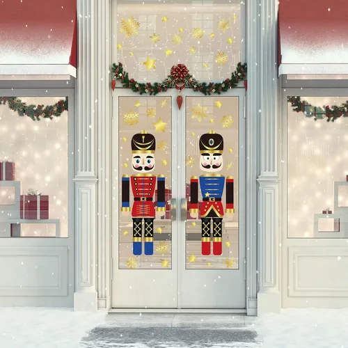 Vista 3 de Whaline 8 hojas de calcomanías de Navidad para puerta, decoración de cascanueces grandes, copos de nieve dorados, calcomanías de puerta