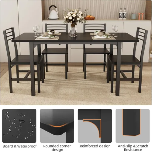 Vista 5 de VOWNER 63” Extendable Dining Table Set for 4-6 People, 5-Piece Dining Table Set for 4 People with 4 Chairs, Kitchen Table Set with MDF Wood Board