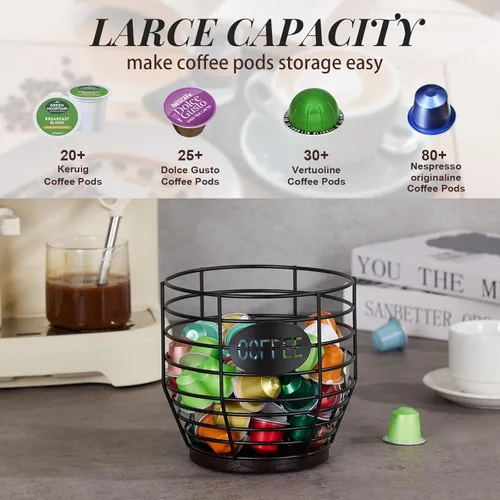 Vista 4 de Yangbaga 1 soporte para cápsulas de café, soporte para cápsulas de café de gran capacidad con base de madera, decoración moderna de barra de cesta