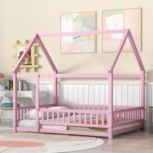 Vista 12 de Bellemave Cama de Tamaño Matrimonial de Piso Tipo Casa, Cama Montessori de Madera con Valla y Techo para Niños, Base de Cama Completa Tipo Casa