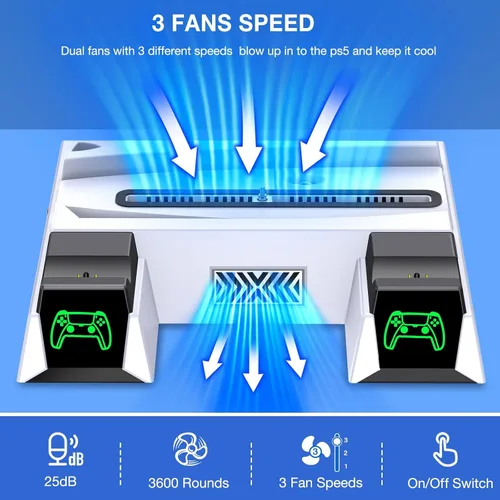 Vista 4 de EUROA Ventilador de refrigeración de soporte con estación de carga de controlador para Playstation 5, accesorios de estación de refrigeración