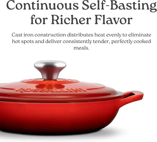 Vista 6 de ROSSALLINI Brasera de Hierro Fundido Esmaltada Signature, Olla de Servir Antiadherente con Tapa de Cierre Hermético para Asado Perfecto, Horneado