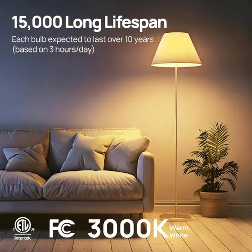 Vista 6 de Linkind - Bombillas LED A19 regulables, equivalente a 60 W, eficiente energéticamente 9 W, luz blanca cálida de 3000 Kelvin, 800 lúmenes, base