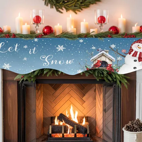 Vista 7 de Bufanda de chimenea de Navidad con diseño de muñeco de nieve de Navidad, copos de nieve, pájaros, chimenea, estante superior, bufanda, camino