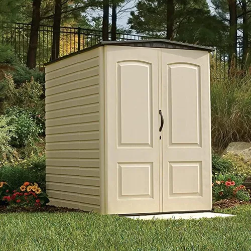 Vista 2 de Rubbermaid - Cobertizo grande vertical de resina para exteriores con piso (6.2 x 4.6 pies), resistente a la intemperie, beige/marrón, para organizar