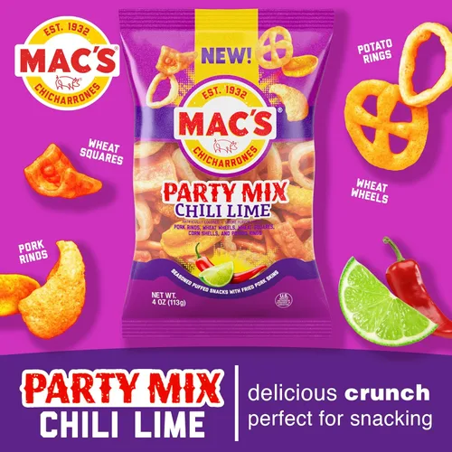 Vista 3 de Mac's Cortezas de Cerdo con Sabor a Chile y Lima - Chicharrones Saborizados con Chile y Lima - Mezcla para Fiesta de 4oz (Paquete de 9)