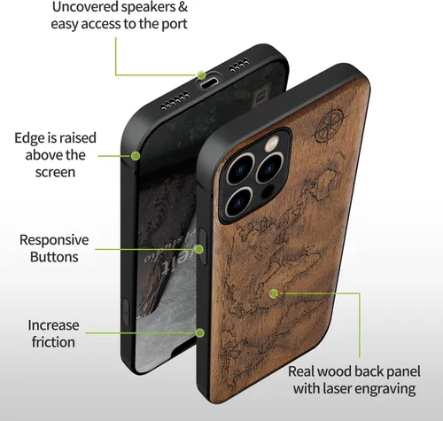 Vista 9 de Carveit Funda magnética de madera para iPhone 12 Pro [madera natural y TPU suave negro] a prueba de golpes, funda de madera única y elegante
