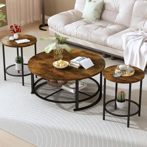 Vista 10 de DKLGG Mesas de centro negras de 3 piezas para sala de estar, mesa de centro redonda de madera de 3 piezas, mesas auxiliares y mesas auxiliares