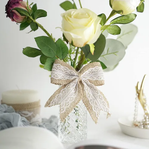 Vista 6 de AIMUDI Lazos de encaje de arpillera natural de 4 pulgadas, lazos rústicos de arpillera para decoración de árbol de Navidad, lazos de boda de encaje